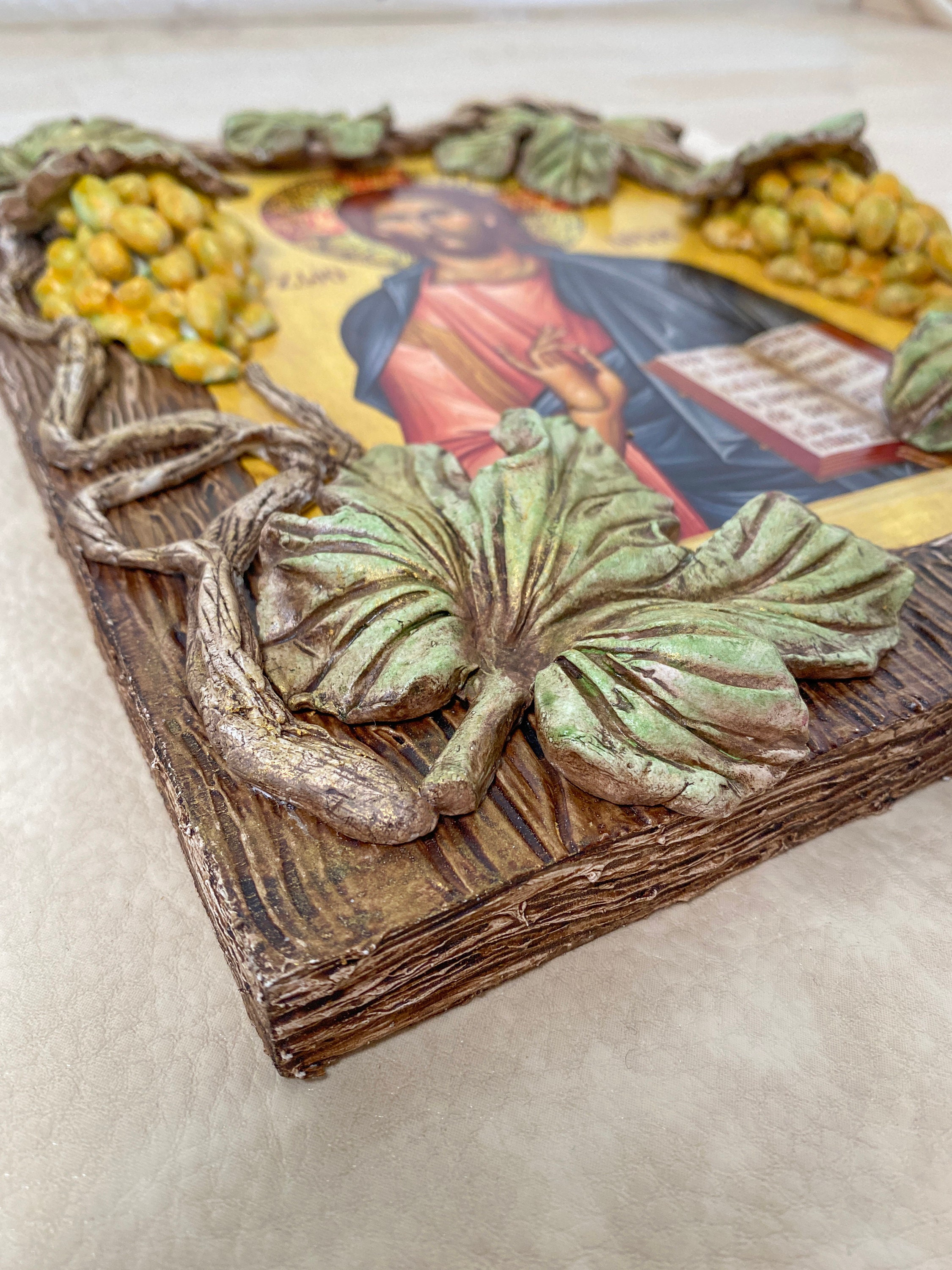 Jesus Christ Icon Handmade on Wood With Vine Leaves and Grapes ...