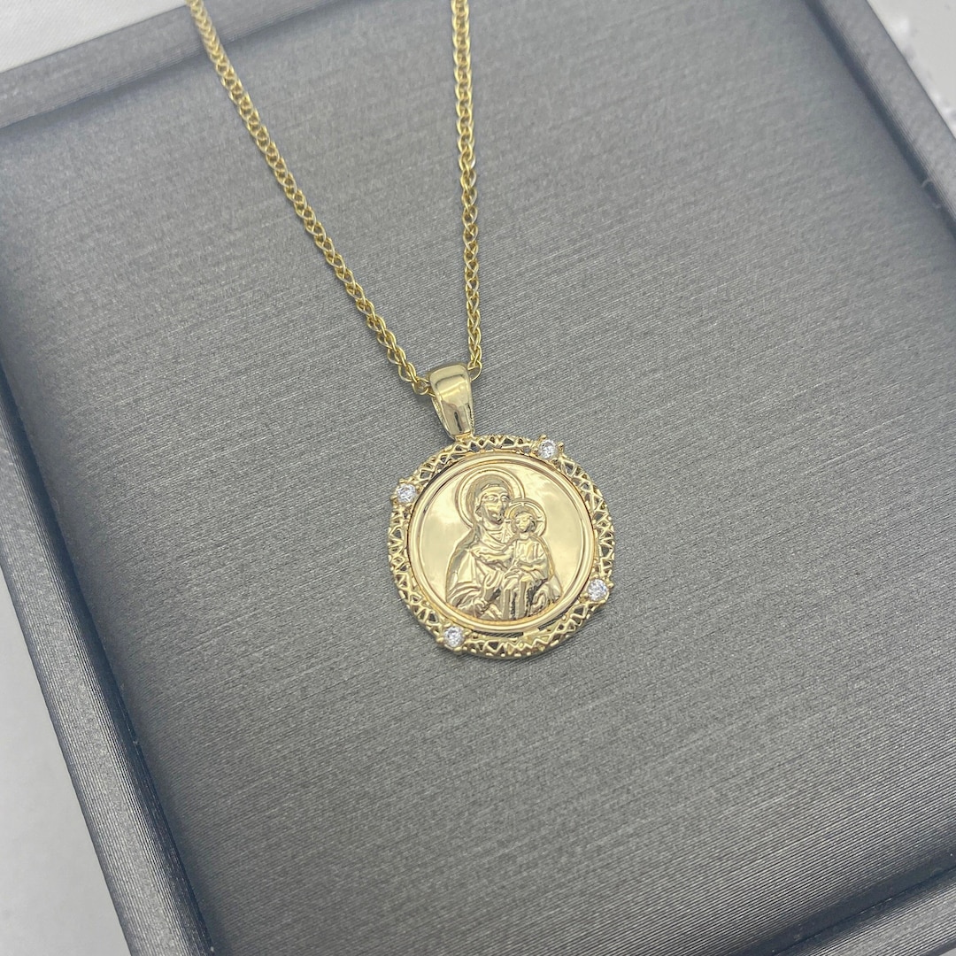 Virgin Mary Gold 14K Pendant With Decoration and Cubic Zirconia ...