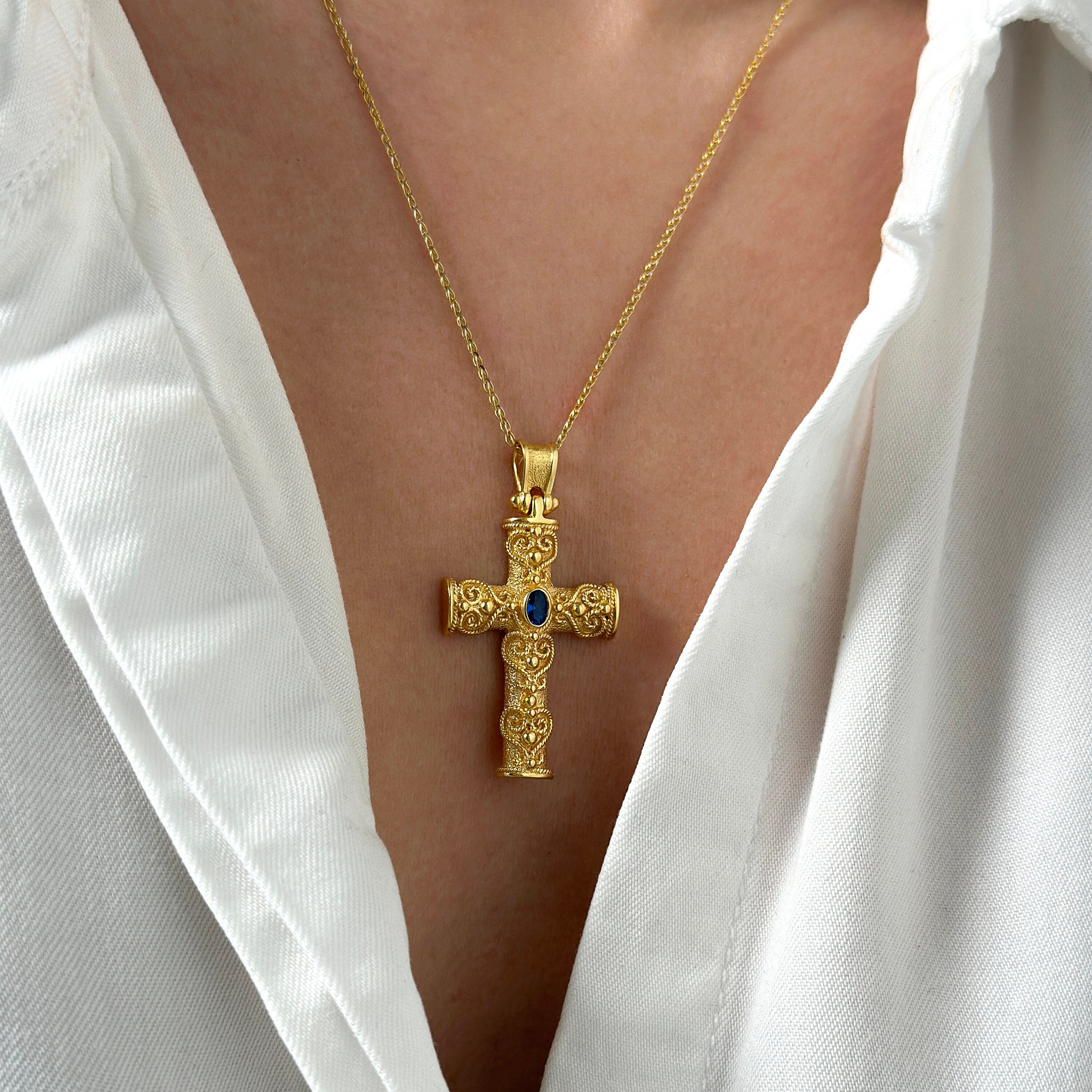 Byzantine Cross Solid Gold 14K or 18K with Ruby or Blue Sapphire or Emerald Stone, Traditional Greek Orthodox Cross, Heavy Solid Gold Cross