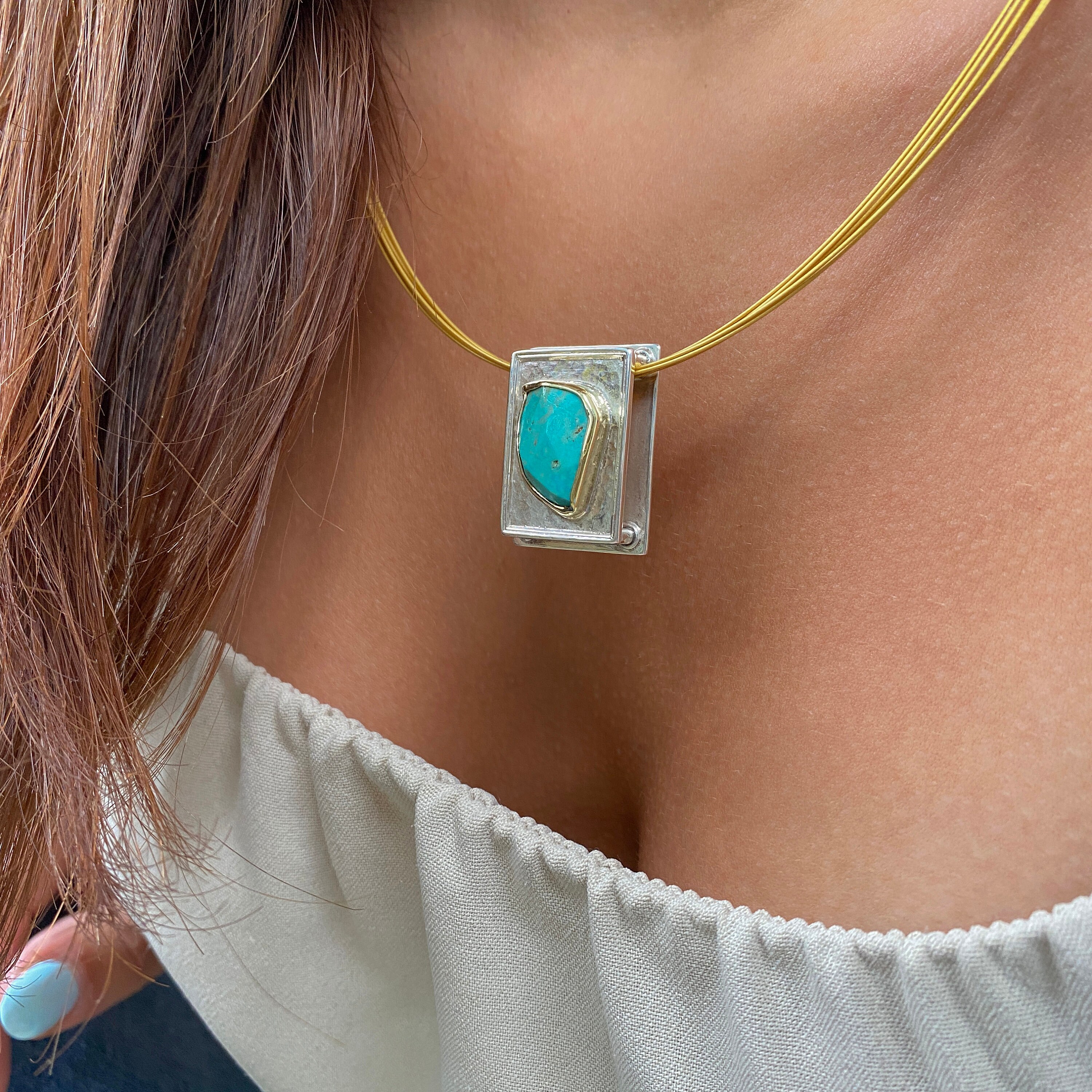 Collier Plaqué Or 18 Carats Avec Pendentif Carré - Zirconium Et Amazonite, Neuf Avec étiquettes