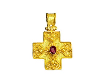 Byzantine Solid 18K Gold Cross with Real Ruby Without Chain
