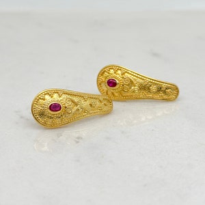 Byzantine Solid Gold 14K or 18K Drop Earrings with Ruby Stones, Women's Byzantine Earrings, Handmade Greek Jewelry