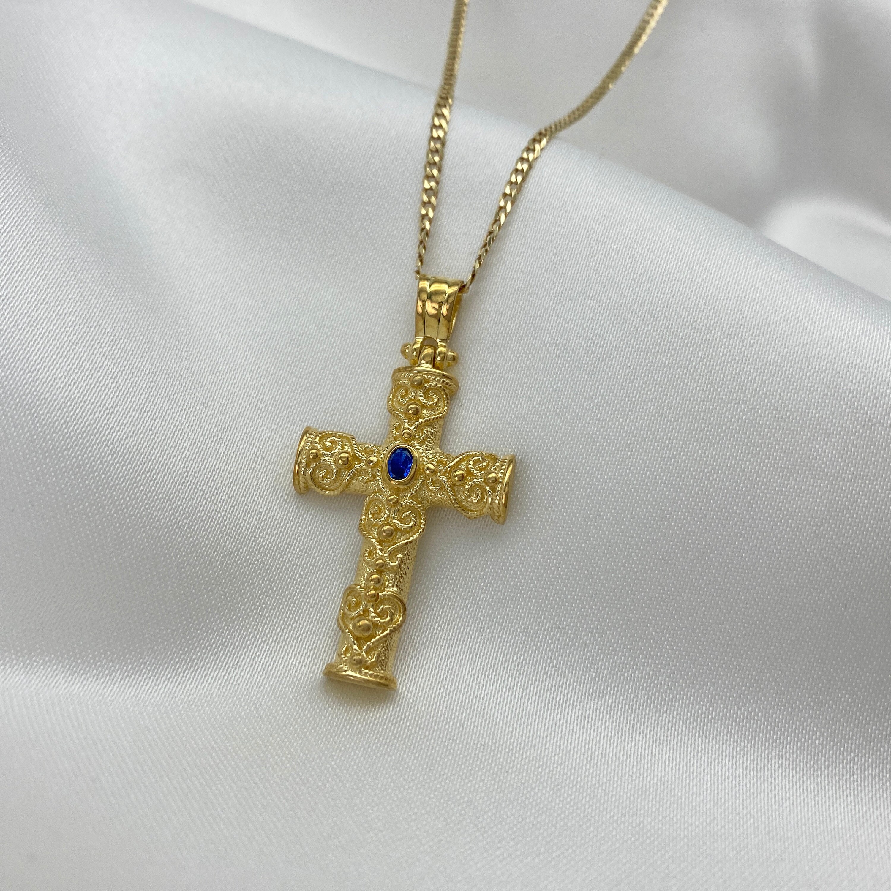 Byzantine Cross Solid Gold 14K or 18K With Ruby or Blue Sapphire or ...