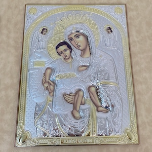 Virgin Mary Axion Esti Silver Orthodox Icon, Large Mother of God Icon