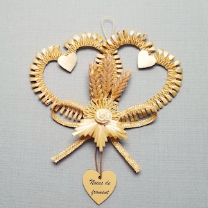 Wheat wedding gift - 3 years of marriage - Double personalized lucky heart in woven wheat, wheat wedding