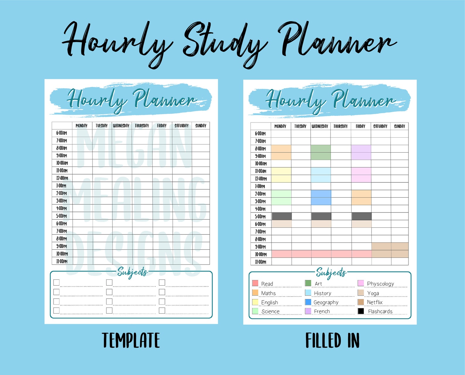 DIGITAL PRINTABLE Study Planner Hourly Daily Monthly BLUE Etsy