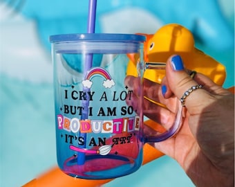 Trendy Purple Glass Cup: I Cry A Lot, I Am So Productive - 16 oz