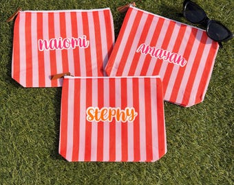 Personalized Pink Orange Striped Cosmetic Bag | Custom Name Makeup Bag | Bridesmaid Gift | Travel Toiletry Bag | Preppy Gift for Her