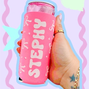 Personalized Hot Pink Slim Can Cooler: Bows, Hearts & Glitter Name