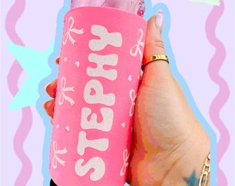 Personalized Hot Pink Slim Can Cooler: Bows, Hearts & Glitter Name