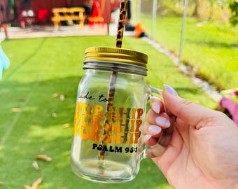 Christian Glass Coffee Cup with Lid & Straw | Made to Worship Psalm 95 1 | 16 oz Mason Jar Tumbler | Faith Based
