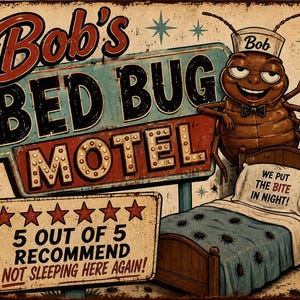 May include: A rectangular metal sign featuring a cartoon cockroach wearing a bellhop hat and bowtie, holding a room 666 key. The sign displays the text Bob's Bed Bug Motel, We put the bite in night, and 5 out of 5 recommend not sleeping here again.
