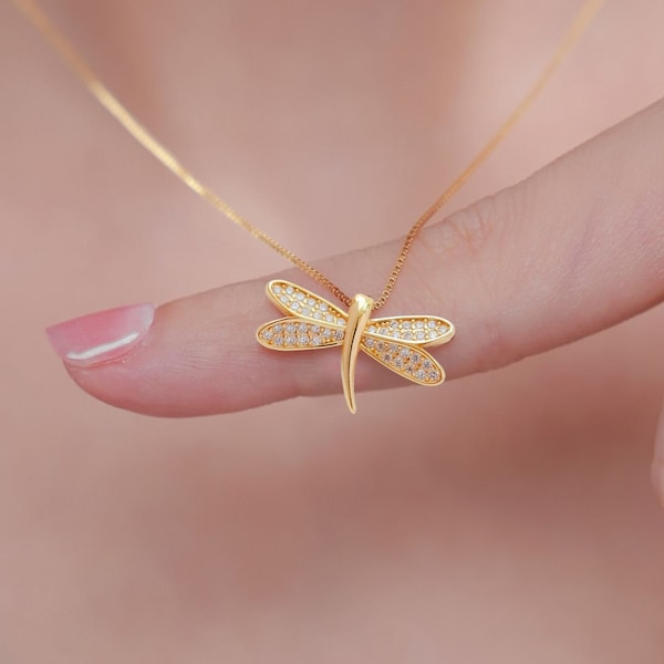 14k Gold Dragonfly Necklace | Minimalist Dragonfly Pendant Necklace | Dragonfly Pendant Jewelry Unique Gift for Her