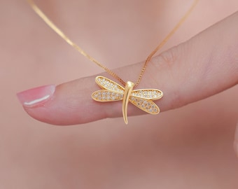 14k Gold Dragonfly Necklace | Minimalist Dragonfly Pendant Necklace | Dragonfly Pendant Jewelry Unique Gift for Her