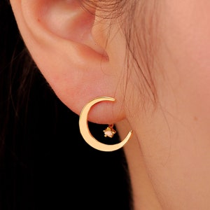 14k Gold Moon Star Earrings | Moon Star Earrings 925 Sterling Silver | 14k Gold Earrings | Ear Jacket Earrings