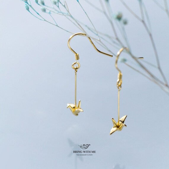 Origami Bird Earrings Dangle Unique Gift 14k Gold Dangle Etsy