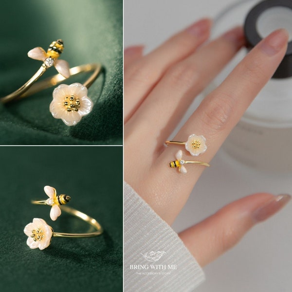 Bumble Bee Ring and Flower For Women, Gold Bumble Bee Ring, Bee Engagement Ring, Bee Ring Adjustable, Bee Gifts