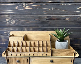 Organizador de maquillaje de madera de roble: almacenamiento de tocador con cajones