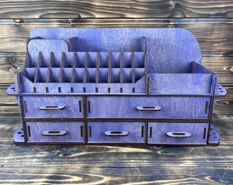 Wooden Makeup Organizer with 5 Drawers, Purple Cosmetic Storage Caddy