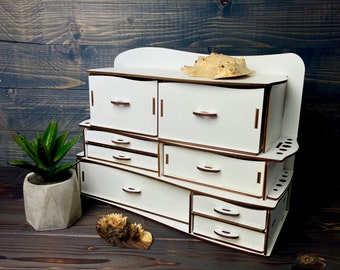 Weißer Holz-Make-up-Organizer: Kosmetische Aufbewahrung, Vanity Schreibtisch Organizer