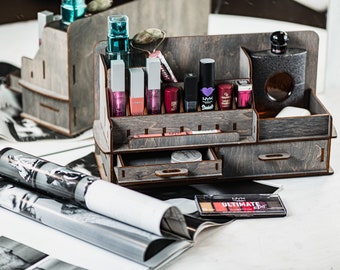 Organiseur de maquillage en bois : rangement pour meuble-lavabo avec tiroirs