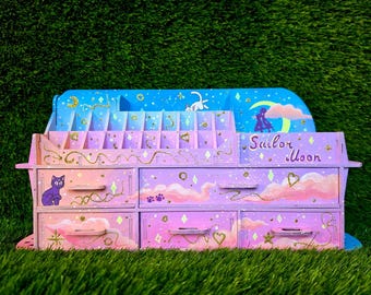 Hand-Painted Sailor Moon Wooden Makeup Organizer, Pastel Anime Vanity Storage (5 Drawers)