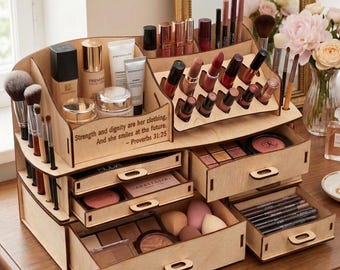 Personalized Wooden Makeup Organizer, 6 Drawers, Lipstick Holder, Vanity Decor