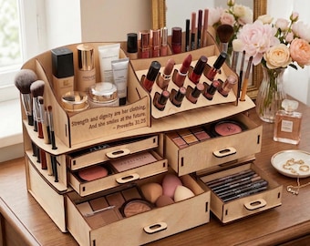 Organizzatore per trucchi personalizzato in legno, con 6 cassetti, porta rossetto e complemento d'arredo per la toeletta.