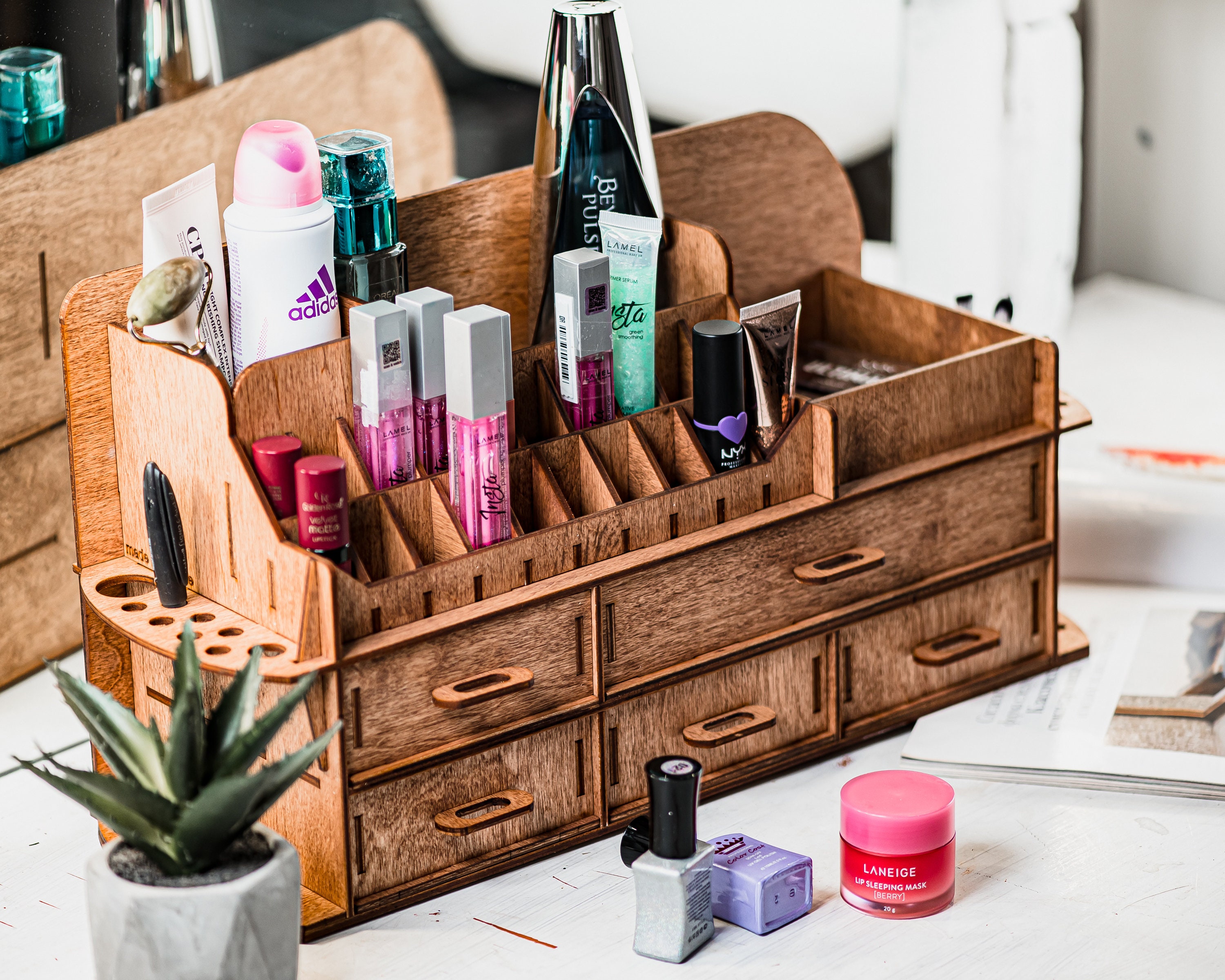 Large Wood Makeup Organizer: 20 Lipstick Slots, Brush Holder - Etsy