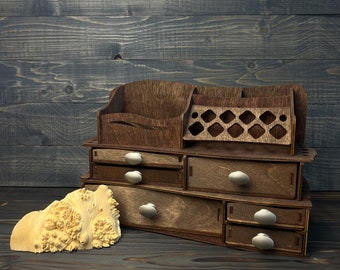 Houten make-updoos met golven: opberger voor toilettafel met lades