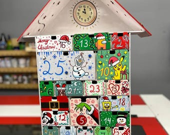 Hand-Painted Wooden Advent Calendar, Refillable Pop Culture Calendar (Grinch, Pikachu, Olaf)