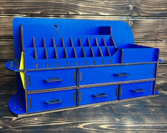 Blue Wooden Makeup Organizer: Lipstick & Brush Holder, Vanity Storage