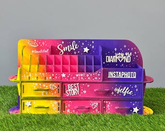 Wooden Makeup Organizer | Rainbow Gradient Instagram Desk Vanity Storage with Drawers
