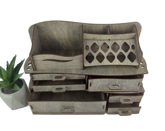 Organizador de maquillaje de madera: organizador de tocador con diseño de olas, soporte para labiales y brochas.