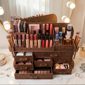 Puede incluir: Un organizador de maquillaje de madera marrón oscuro con múltiples cajones y compartimentos. Contiene varios cosméticos, incluyendo labiales, paletas de sombras de ojos, brochas y frascos. La palabra "ENJOY" está grabada en la parte delantera.