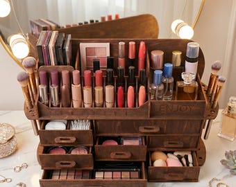 Wooden Makeup Organizer: Vanity Storage with Lipstick & Brush Holder