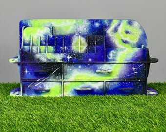 Hand-Painted Northern Lights Wooden Organizer, Aurora Borealis Desk Storage, Cosmic Brush Holder