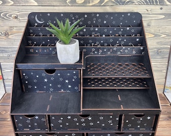 Extra Large Black Makeup Organizer: Plywood Lipstick & Brush Holder