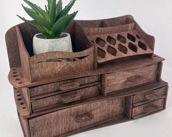 Wooden Wave Makeup Organizer: Vanity Storage with Drawers