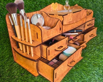 Large Wooden Makeup Organizer with 6 Drawers, Brush Holders, Plywood Vanity Storage