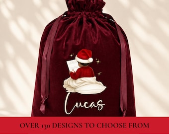 Personalised Red Velvet Christmas Sack, Santa Gift Bag (130+ Designs)