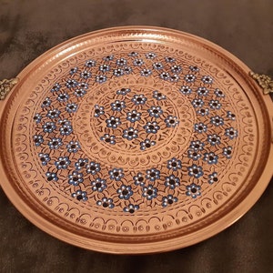 Mothers Day Gift, Handmade Copper Serving Tray, Round Tray, Large Tray, Vintage Tray, Decorative Tray, Copper Tray with Blue Flowers