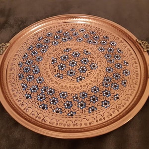 Handmade Copper Serving Tray, Round Tray, Large Tray, Vintage Tray, Decorative Tray, Copper Tray with Blue Flowers