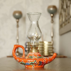 Vintage Oil Lamp, Ceramic Oil Lamp, Gas Lamp, Pottery Oil Lamp, Home Decor, Antique Oil Lamp Great Gift for Her