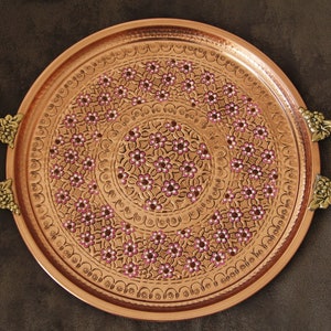 Mothers Day Gift, Handmade Copper Serving Tray, Round Tray, Large Tray, Vintage Tray, Decorative Tray, Copper Tray with Purple Flowers