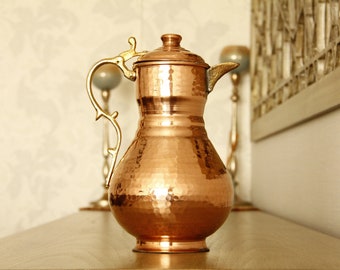 Jarra de cobre vintage hecha a mano, dispensador de agua de cobre, ibrik turco tradicional, jarra turca, jarra de cobre, 2 litros