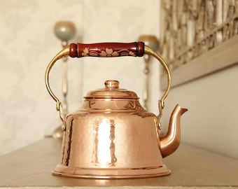 Handgjord koppartekokare, spishällstekanna, traditionell ottomansk kopparteservis, örttekanna i koppar, turkisk tekokare