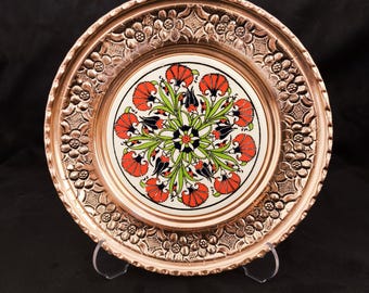 Plato de pared de cerámica y cobre hecho a mano, decoración floral colorida para el hogar, diámetro 16 cm (6,3 pulgadas)