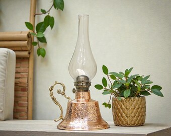 Vintage Oil Lamp, Copper Oil Lamp, Gas Lamp, Pottery Oil Lamp, Home Decor, Antique Oil Lamp Great Gift for Her, Copper Color