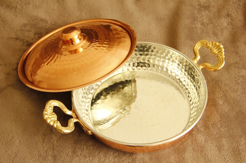 Handgjord kopparpanna, omelett och kastrull, vintage kopparkruka, kopparkastruller, gryta, gryta, kopparpanna med lock bild 4